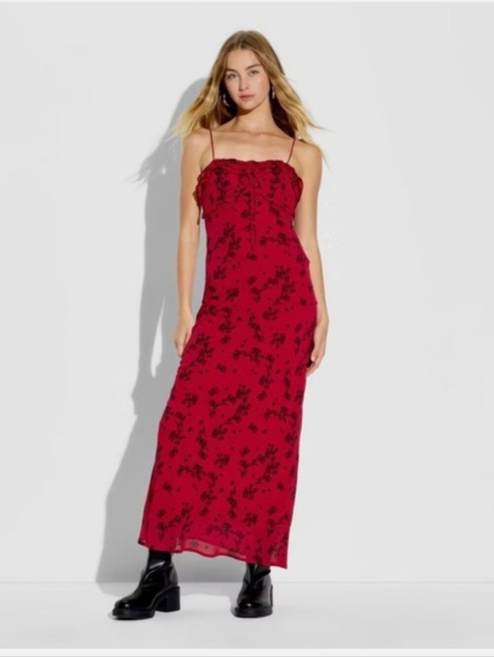 NWT Wild Fable Maxi Empire Waist Dress Sleeveless Red with Black Floral Medium